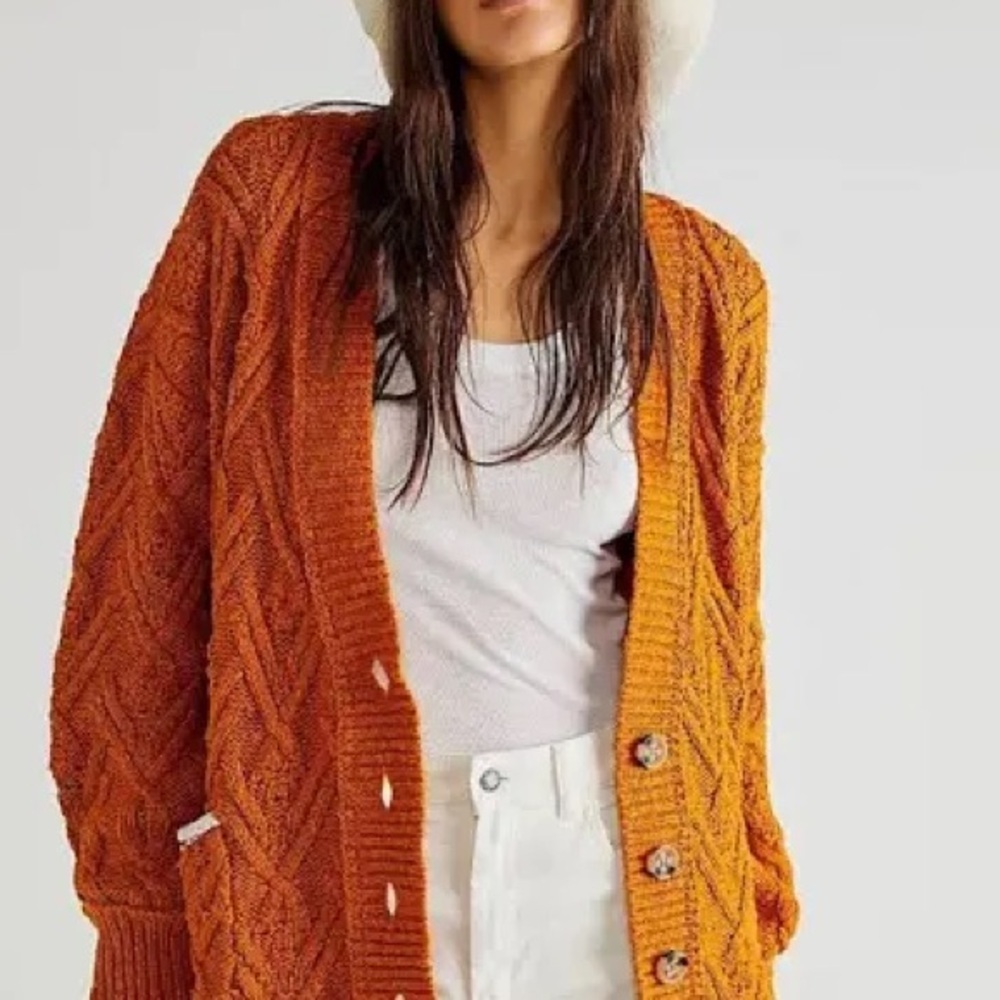 Free People Montana Cable Cardi Vibrant Orange Knit Cardigan
